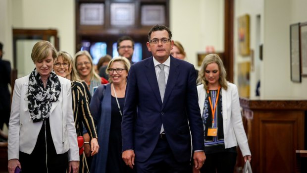 Victorian Premier Daniel Andrews and the late minister for the prevention of family violence Fiona Richardson, left, and Rosie Batty at the release of the royal commission report in 2016.
