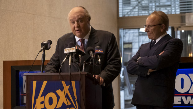 Russell Crowe as Roger Ailes and Simon McBurney as Rupert Murdoch.