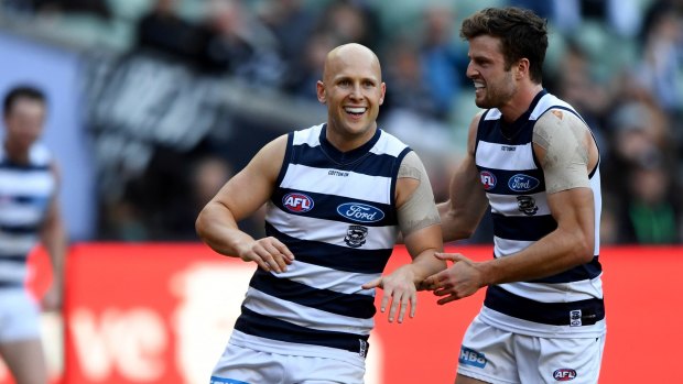 Gary Ablett, centre, during the round 8 match between Collingwood and Geelong in 2018. 