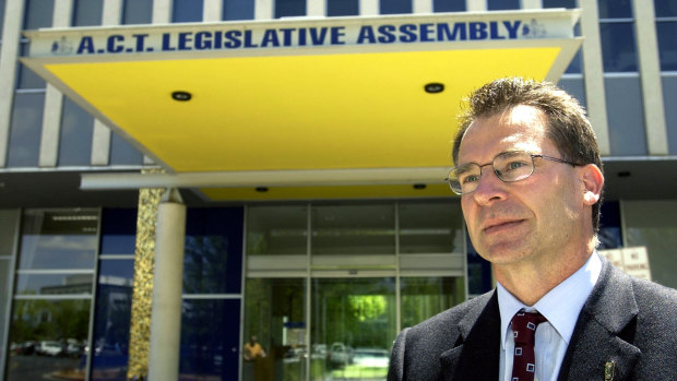 Newly elected ACT Chief Minister, Jon Stanhope outside the Legislative Assembly building in Canberra in 2001. He was called "chief windbag" by Brendan Smyth.