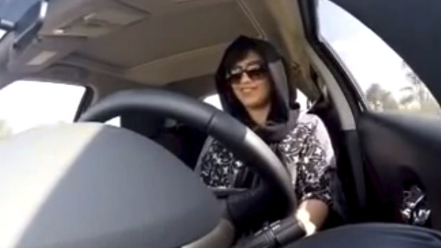 An image made from video released by Loujain al-Hathloul, shows her driving towards the United Arab Emirates - Saudi Arabia border before her arrest on December 1, 2014. 