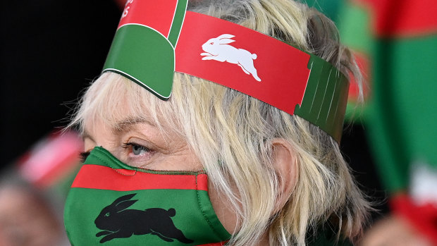 A Rabbitohs fan shows her support.