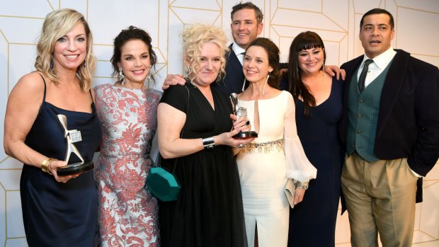 The cast of Wentworth with their Logies for most popular drama and most outstanding drama earlier this month.
