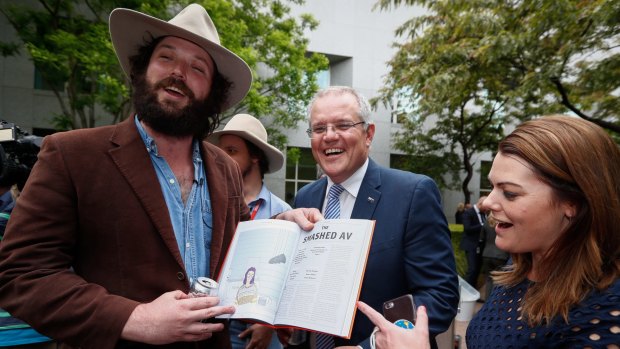 Clancy Overell from the Betoota Advocate with Treasurer Scott Morrison and Senator Sarah Hanson-Young at the launch of the Betoota Advocate's book . 