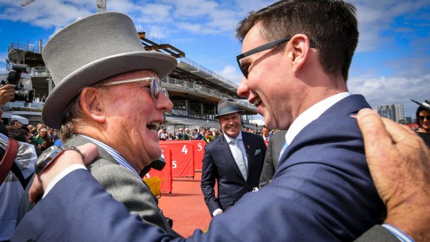 Lloyd Williams and Joseph O’Brien celebrate the 2017 Melbourne Cup win.