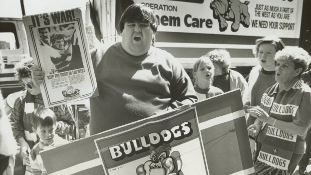 Footscray supporters protesting over the proposed merger with Fitzroy in 1989.