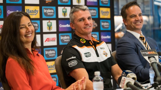 Ivan Cleary (centre) with former Tigers chairwoman Marina Go and chief executive Justin Pascoe after he was announced as Tigers coach back in 2017.