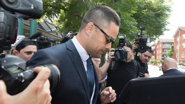 Embattled NRL star Jarryd Hayne leaves Burwood Local Court after his first appearance (committal) on aggravated sexual assault charge, 10 December 2019. Photo: Jessica Hromas