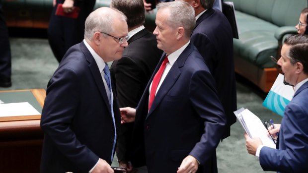 Prime Minister Scott Morrison and Opposition Leader Bill Shorten during a division in Parliament on Thursday. 