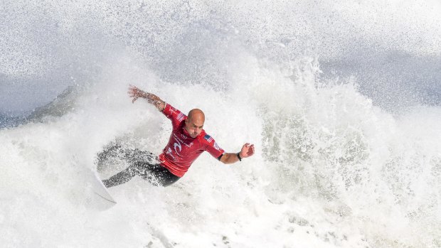 Kelly Slater surfs at the World Surfing League Rip Curl Pro at Bells Beach.