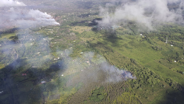An aerial view of fissure 16, bottom right, that erupted on Saturday in the Big Island of Hawaii. 