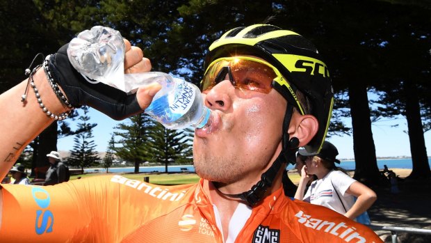 Caleb Ewan sucks in the water at Victor Harbour during the 2018 Tour Down Under.