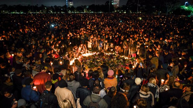 Thousand of people attended a candlelight vigil in solidarity for the Melbourne comedian Eurydice Dixon last June. 
