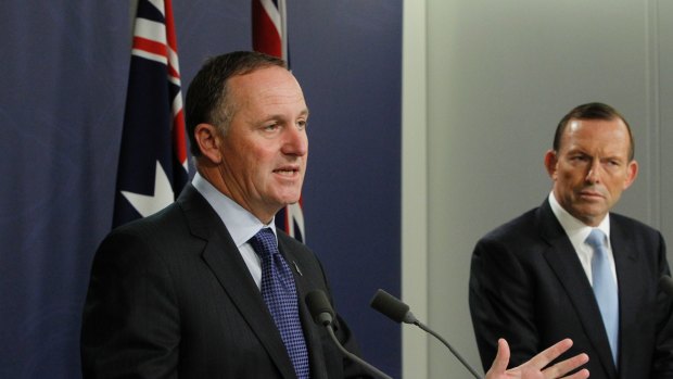 New Zealand prime minister John Key with prime minister Tony Abbott in 2014. Key ended a ban on US Navy ships visiting in New Zealand dating back to the 1980s.