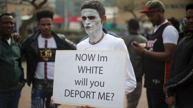 African migrants gather during a protest in Israel in February against being deported.