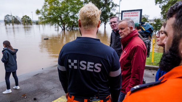 Prime Minister Anthony Albanese with NSW Premier Dominic Perrottet in Richmond, which has been severely affected by flooding in the past week. 