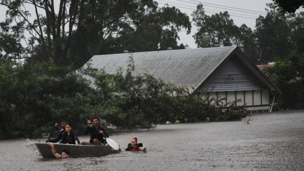 People and animals being rescued as severe flooding hits Lismore in northern NSW on Monday February 28 2022. Photo: Elise Derwin / SMH. .