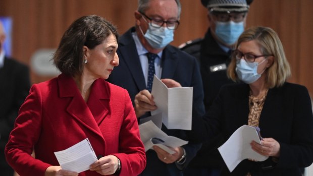 Then Premier Gladys Berejiklian, Chief Health Officer Dr Kerry Chant and Health Minister Brad Hazzard during the lockdown in July.