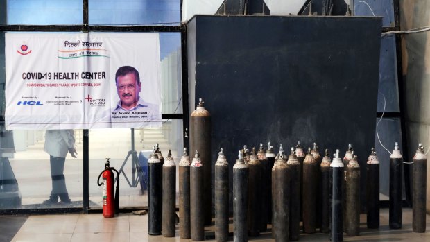 Oxygen tanks outside a ward at the COVID-19 Care Centre set up at the Commonwealth Games Village Sports Complex in New Delhi. There is a shortage of oxygen for patients in hospital and at home.