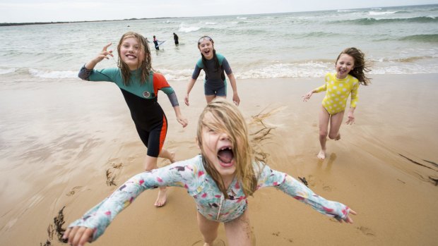 L-RÂ  Sierra Farrelly, 11, Ella Farrelly, 13, Evie Holzer, 7 and Adele Farrelly, 7 (front) at Torquay Foreshore. 