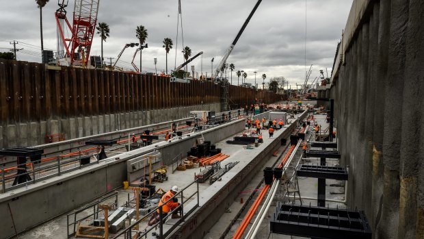 Works at Bentleigh station in 2016. Eighteen level crossings are being removed on the Frankston line, at a cost of $3 billion.