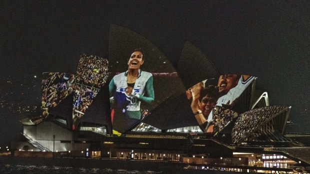 Cathy Freeman's Olympic gold winning 400m race from the 2000 Sydney Olympics projected onto the Sydney Opera House last month.