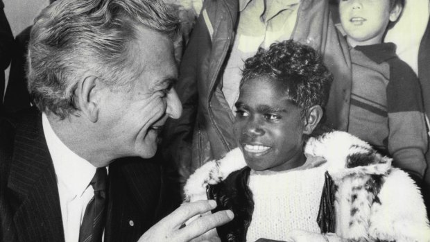 Bob Hawke meeting Sandra Djunjil, 8, visiting Parliament House in Canberra in 1985 as part of a school excursion. Mr Hawke said that he would like a jacket like hers. 