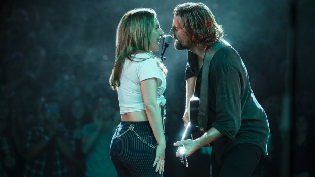 Lady Gaga and Bradley Cooper in a scene from A Star is Born.