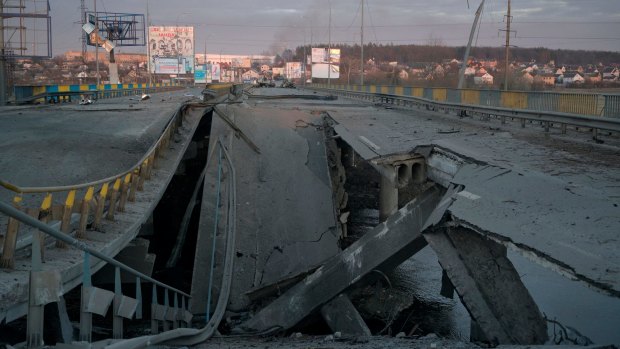 A destroyed bridge near the town of Bucha in the Kyiv region of Ukraine, which is being invaded by Russian forces.