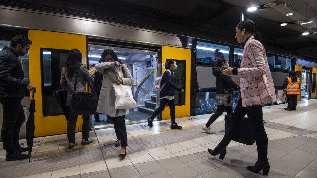 Commuters on a Sydney train in May 2020.