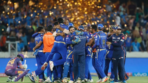 Mumbai Indians celebrate after winning the Indian Premier League cricket final in 2017.