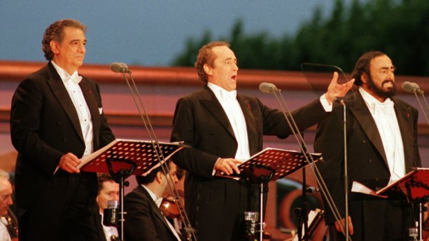 Shot to fame: Placido Domingo (far left), Jose Carreras and Luciano Pavarotti as The Three Tenors in Paris in 1988.