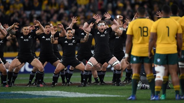 A different league: The All Black perform the famous Haka before last year's Bledisloe Cup clash at ANZ Stadium.