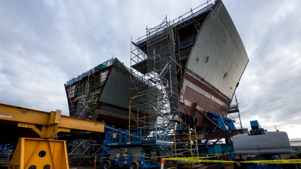 An air warfare destroyer stands under construction at the ASC Ltd. shipyard in Adelaide in 2016.