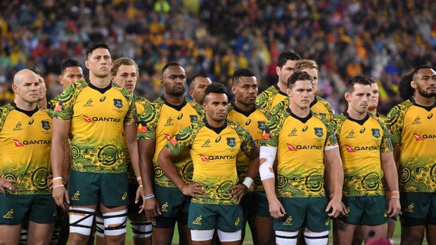 The Wallabies wearing the Indigenous jersey for the first time in Brisbane last year. 