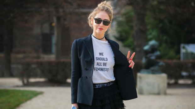 Social media influencer Chiara Ferragni wears the Dior 'We Should All Be Feminists' T-shirt.