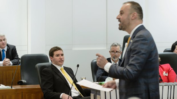 Opposition leader Alistair Coe and Chief Minister Andrew Barrin in the Legislative Assembly. The leaders have traded barbs during a parliamentary inquiry into rates rises.