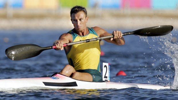 Nathan Baggaley in his silver-medal-winning Olympic kayak race at the 2004 Athens Olympics.