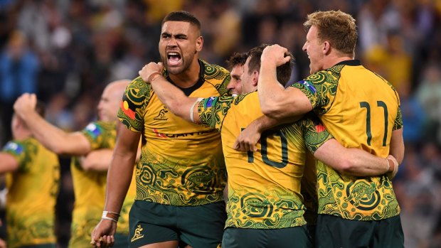 Statement: Australia wore the first indigenous-design Wallabies jersey in the third Bledisloe Cup Test last year.