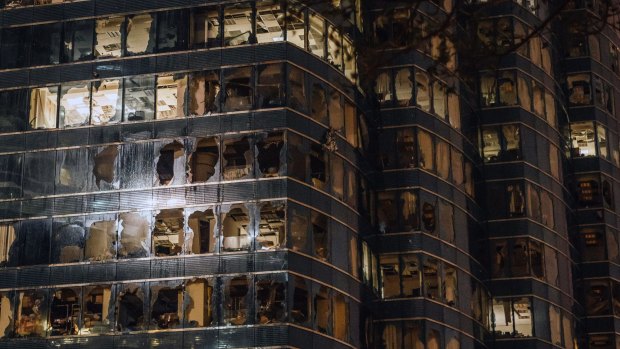 A building stands with shattered windows after Typhoon Mangkhut in Hong Kong on September 16.