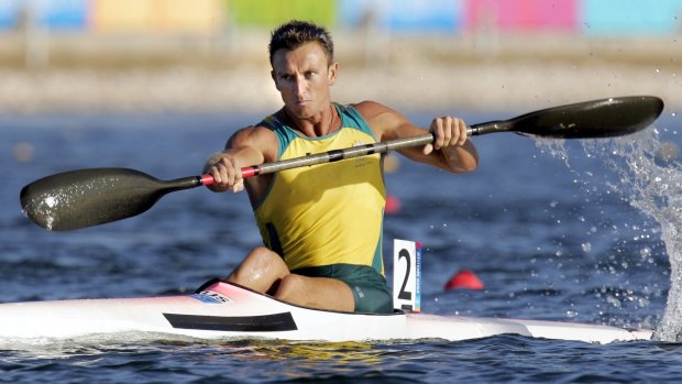 Nathan Baggaley in his silver-medal-winning Olympic kayak race at the 2004 Athens Olympics.