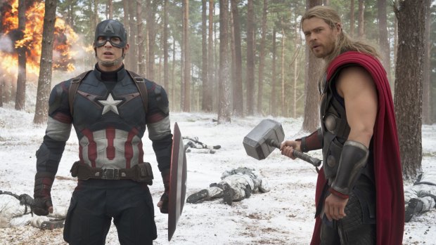 Chris Evans as Captain America and Chris Hemsworth as Thor in Avengers: Age of Ultron.