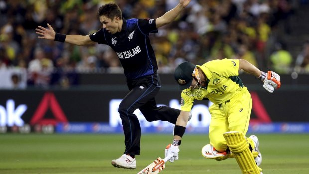 Trent Boult and Australian David Warner in the 2015 World Cup final at the MCG.