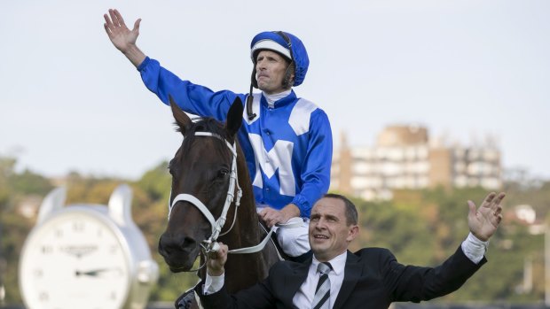 Just a horse: Jockey Hugh Bowman,  and trainer Chris Waller with Winx.