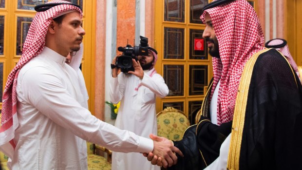 Salah Khashoggi shakes hands with Crown Prince Mohammed bin Salman in Riyadh in October 2018. 