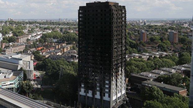 The scorched facade of the Grenfell Tower in London.