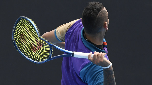 Australia’s Nick Kyrgios prepares to throw his racquet into the stands.