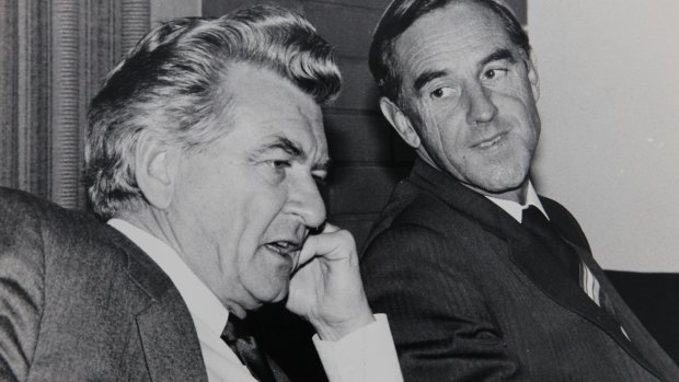 John Cain with Bob Hawke at the Labor state conference in Warrnambool in April 1983. 