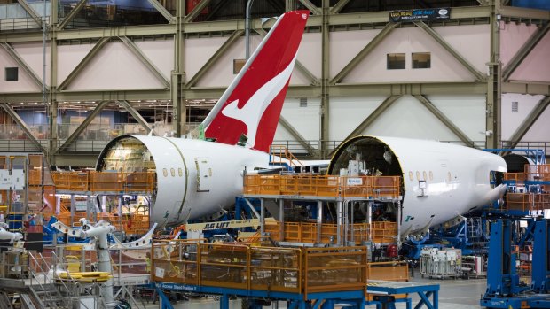 A Qantas Dreamliner, which operates its Perth-London service, under construction in Boeing's factory in Seattle. 