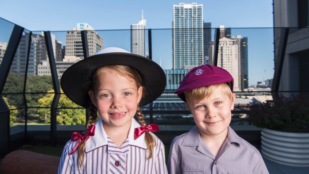 Prep students Amali Melville and Tate Verhagen on the roof of Melbourne's first vertical school Haileybury, which opened this year.